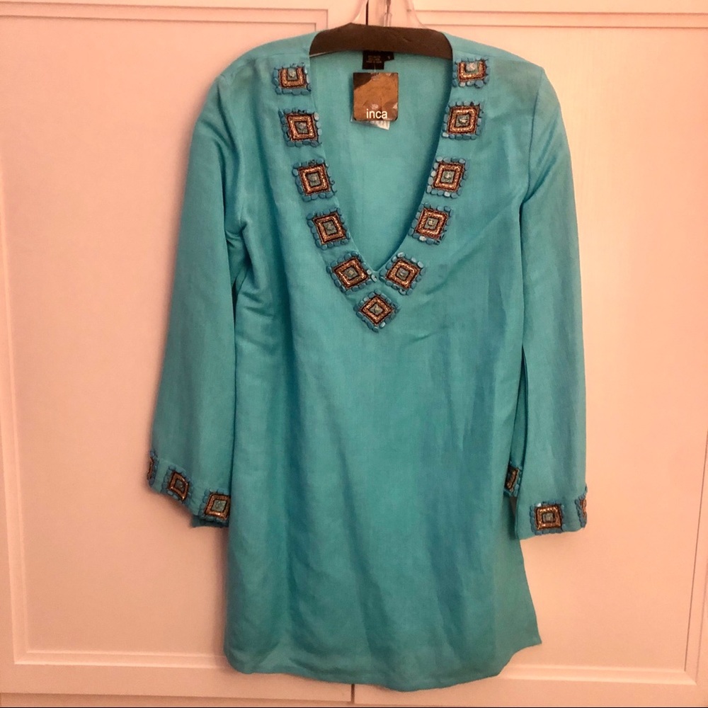 NWT! Inca Turquoise Beaded Linen Tunic, Size S